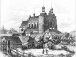 (7/48): Koci katedralny w Wocawku<br>rys. Adolf Kozarski, ryt. F. Backebusch, 1863 r.<br>Widok kocioa katedralnego od pn.-zach. z wysokoci ujcia Zgowiczki.